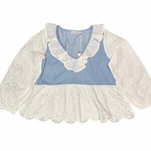 Roller Rabbit Aster Magda Blouse Small Blue Eyelet Cottage Ruffle Prairie NWT